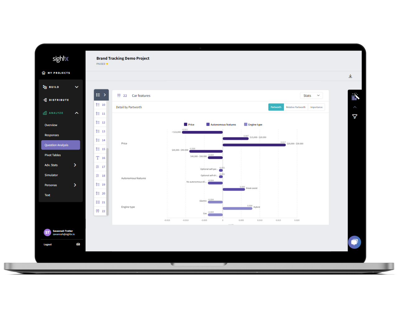 A screenshow showing the conjoint analysis functionality on the SightX platform. 