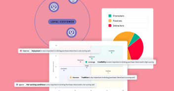 Various charts displaying key drive analysis outputs combined with customer segmentation insights, set against a pink background
