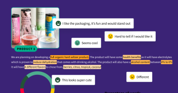 Concept illustration of canned beverages with poured drinks in front, set against a purple background, surrounded by viewer sentiment reactions with smiling, neutral, and sad face emojis